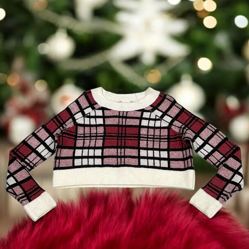 Altar’d State Pink White Plaid Pullover Cropped Sweater